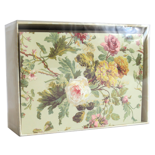 Francesca Cards and Envelopes come in a boxed set featuring beautiful rose and green leaf patterns, wrapped in clear plastic—ideal for gifting or expanding your Francesca Cards collection.