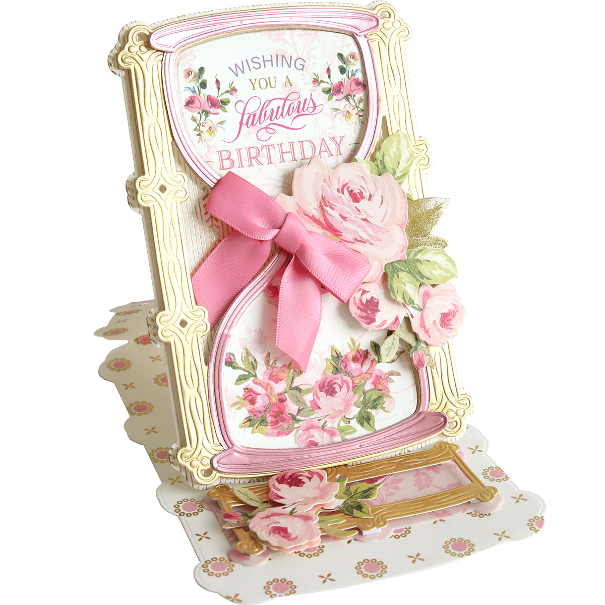 Easel-style shaker card made with 3D Hour Glass Dies, decorated with pink roses, a large pink ribbon, gold accents, and the message "Wishing you a fabulous birthday.