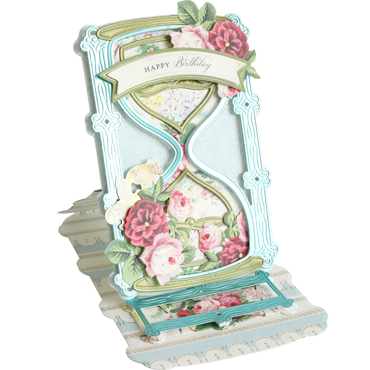 Celebrate in style with this decorative pop-up birthday card, shaped like an hourglass and featuring floral designs and a “Happy Birthday” banner. Crafted using 3D Hour Glass Dies, it's perfect for scrapbooks or as a unique shaker card.