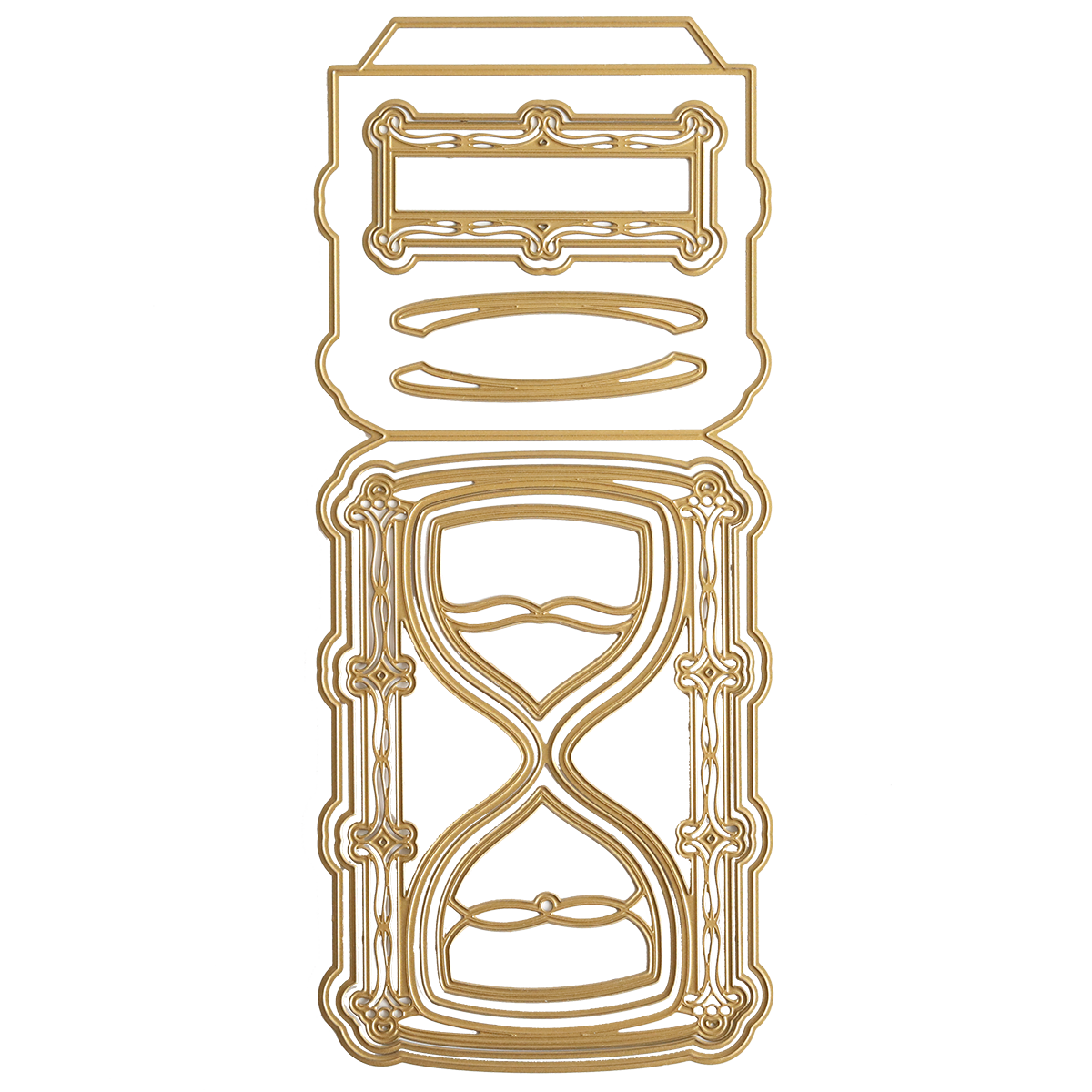 Golden outline illustration of the 3D Hour Glass Dies design beneath a rectangular frame with decorative borders and oval shapes, perfect for bringing elegance to your scrapbook layouts on a white background.