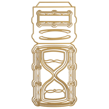 Golden outline illustration of the 3D Hour Glass Dies design beneath a rectangular frame with decorative borders and oval shapes, perfect for bringing elegance to your scrapbook layouts on a white background.