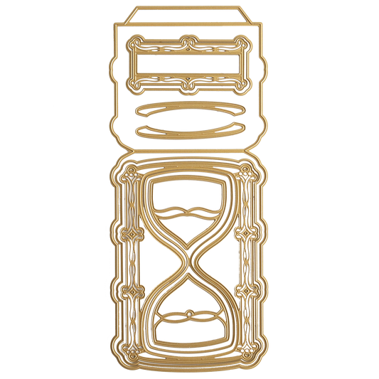 Golden outline illustration of the 3D Hour Glass Dies design beneath a rectangular frame with decorative borders and oval shapes, perfect for bringing elegance to your scrapbook layouts on a white background.