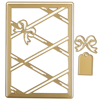 The Harlequin Bow Dies set features gold metal cutting dies with a rectangular frame, diagonal lines, and a bow—ideal for memo boards or harlequin ribbon backgrounds. Includes a separate bow shape and a rectangular tag.