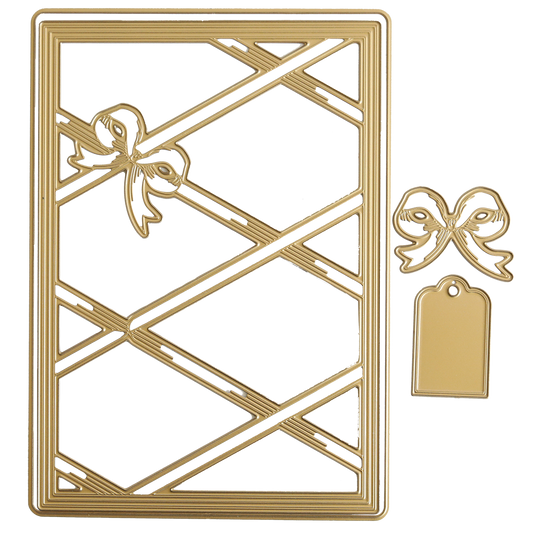The Harlequin Bow Dies set features gold metal cutting dies with a rectangular frame, diagonal lines, and a bow—ideal for memo boards or harlequin ribbon backgrounds. Includes a separate bow shape and a rectangular tag.