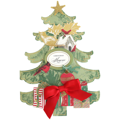 The Tree Shaped Cards and Embellishments feature a festive design with holiday images, a red bow, presents at the base, and "Christmas Memories" in the center—perfect for spreading joy with your holiday greetings.