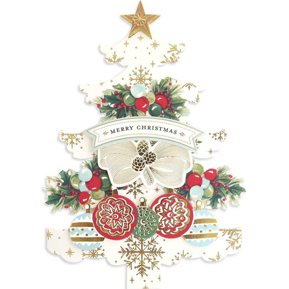 The Tree Shaped Cards and Embellishments feature white tree-shaped cards decorated with gold snowflakes, red and green ornaments, holly, a "Merry Christmas" banner, and a gold star—perfect for festive holiday greetings.