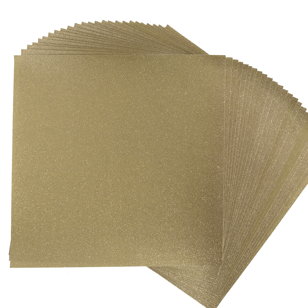 A stack of gold glitter sheets on a white background.