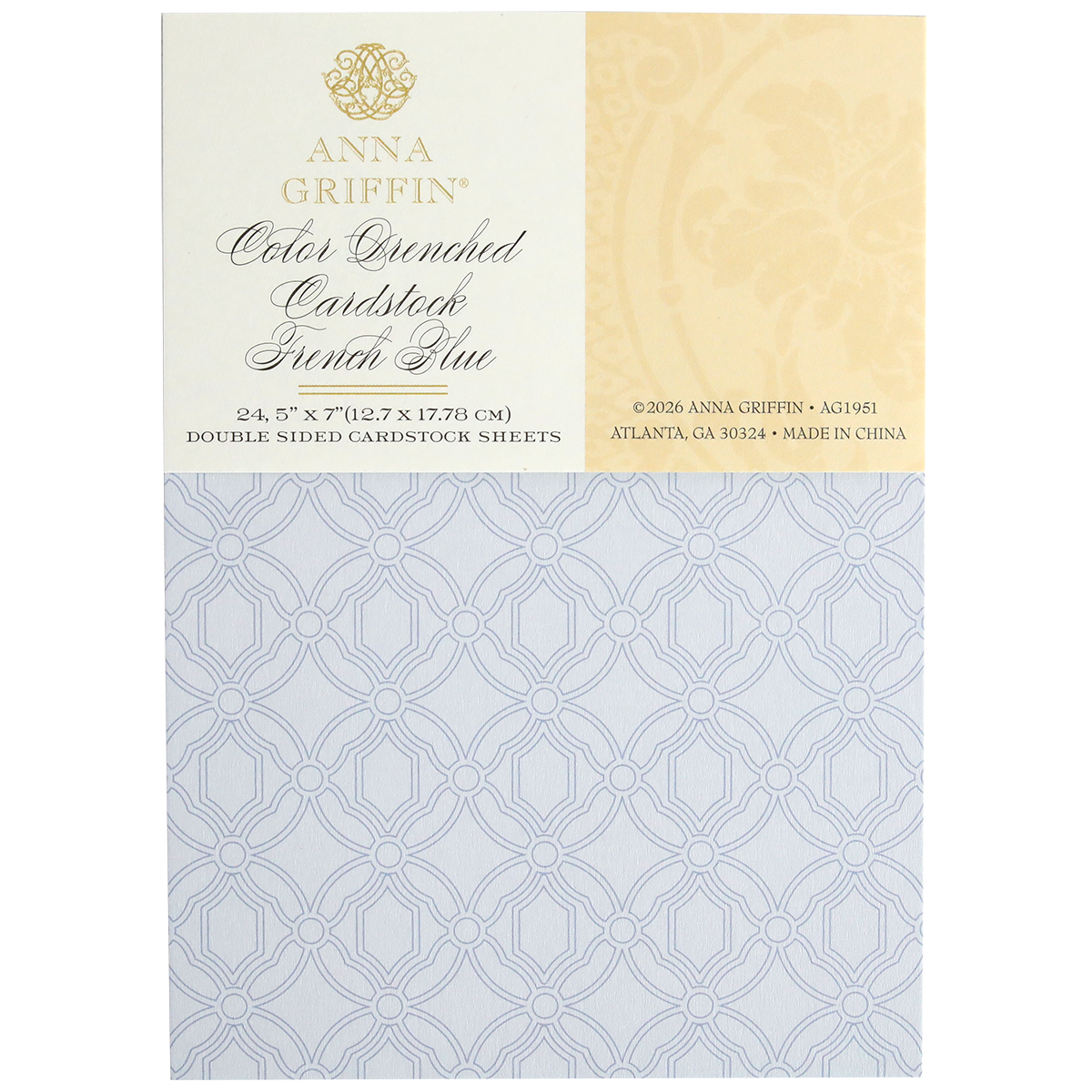 A pack of Color Drenched Cardstock French Blue double-sided sheets with an intricate circular lattice pattern in light blue. Ideal for card making, the label displays product details and Anna Griffin branding.