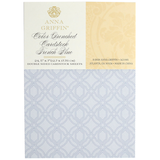 A pack of Color Drenched Cardstock French Blue double-sided sheets with an intricate circular lattice pattern in light blue. Ideal for card making, the label displays product details and Anna Griffin branding.