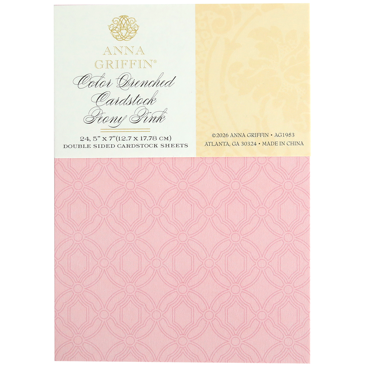Color Drenched Cardstock Peony Pink: 24 double-sided 5x7" sheets with a geometric pattern, ideal for card making and use with hot foil plates.
