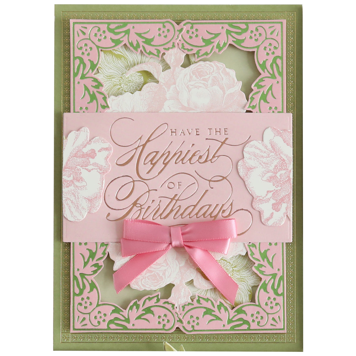 A decorative birthday card made from Color Drenched Cardstock Fresh Lilac features pink and green floral designs, gold embossed "Have the Happiest of Birthdays" text, and a pink ribbon bow at the center.