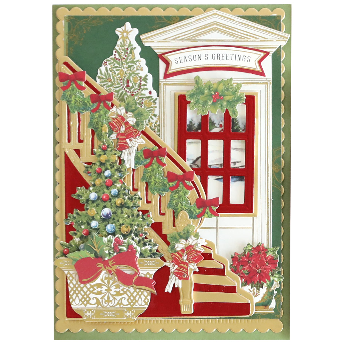 A festive Christmas card featuring Grand Staircase Dies and Embellishments, highlighted by a gleaming staircase adorned with shimmering garland accents, elegant bows, a vibrant Christmas tree, and a welcoming door with a "Season's Greetings" sign. Poinsettia plants and lush holiday greenery provide warmth while the detailed 3-dimensional cutting dies from the Grand Staircase Dies and Embellishments set bring this enchanting holiday scene to life.