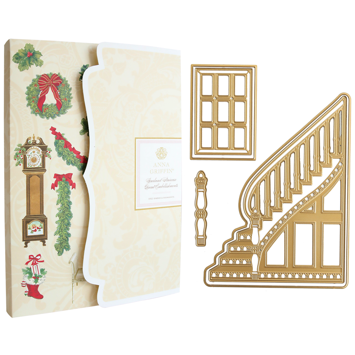 Grand Staircase Dies and Embellishments set for card-making, featuring holiday-themed stickers on the left and gold Grand Staircase Dies templates of a window and staircase on the right, all displayed against a cream background. Ideal for adding dimension to your projects, this set pairs perfectly with garland embellishments or other 3D cutting dies.