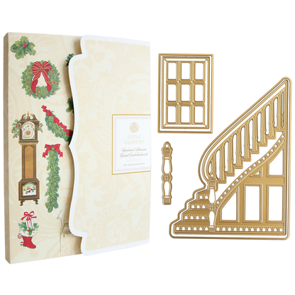 Grand Staircase Dies and Embellishments set for card-making, featuring holiday-themed stickers on the left and gold Grand Staircase Dies templates of a window and staircase on the right, all displayed against a cream background. Ideal for adding dimension to your projects, this set pairs perfectly with garland embellishments or other 3D cutting dies.