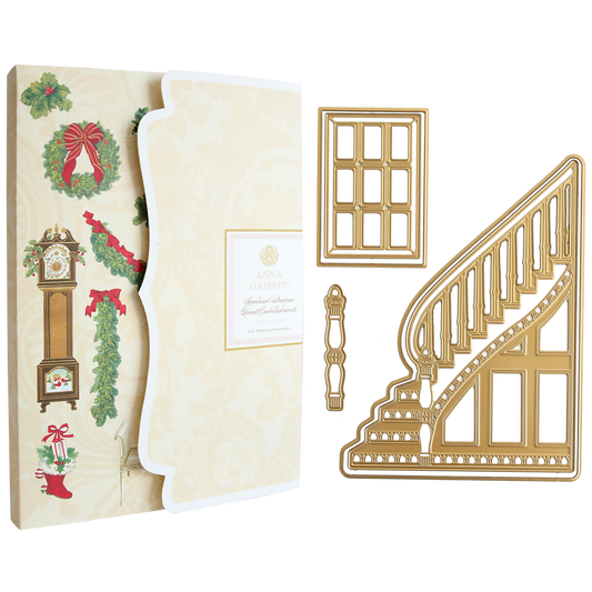 Grand Staircase Dies and Embellishments set for card-making, featuring holiday-themed stickers on the left and gold Grand Staircase Dies templates of a window and staircase on the right, all displayed against a cream background. Ideal for adding dimension to your projects, this set pairs perfectly with garland embellishments or other 3D cutting dies.