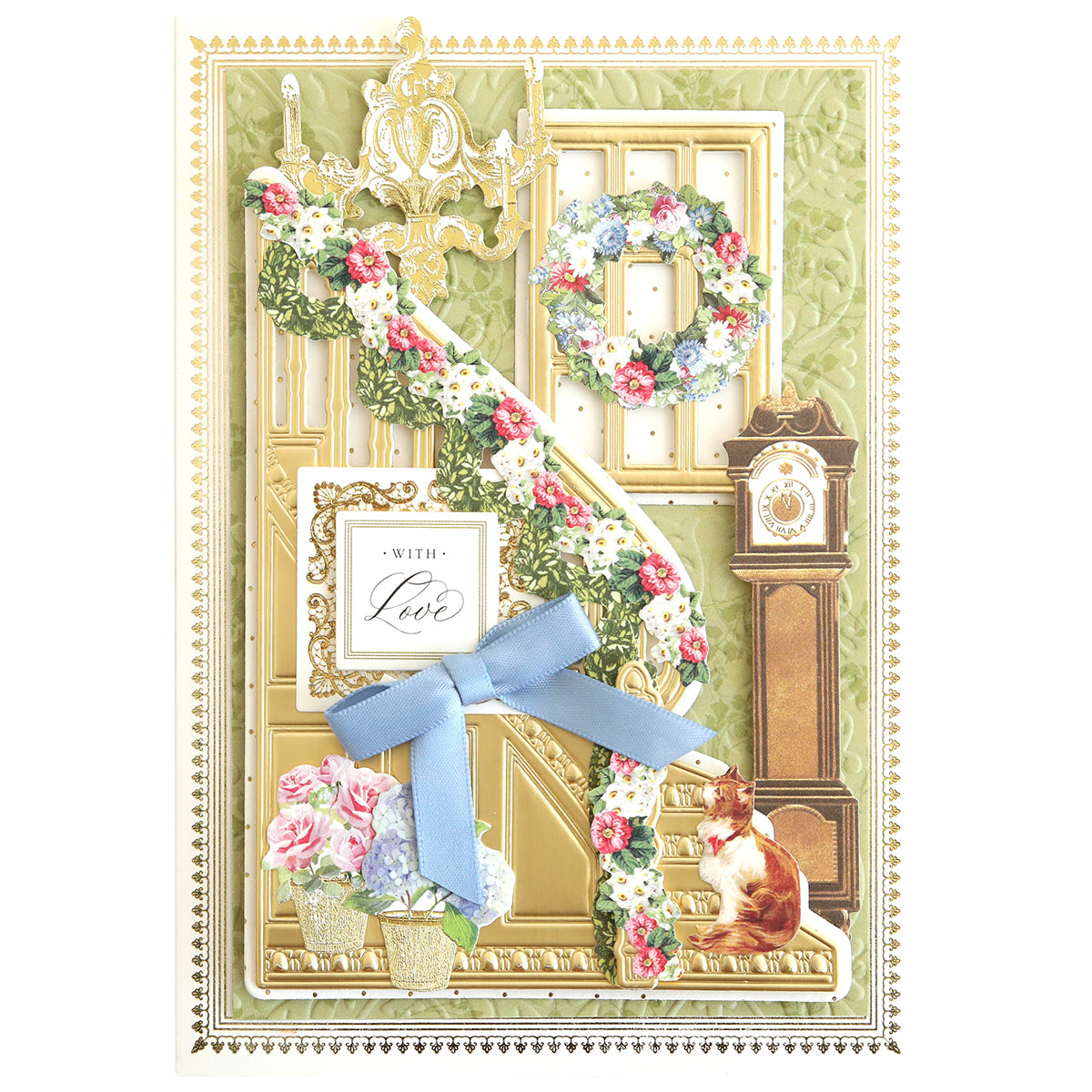Greeting card crafted with the Grand Staircase Dies and Embellishments, showcasing a gold-trimmed staircase decorated with garland, delicate flowers, a grandfather clock, an elegant chandelier, a cat, floral vases, a wreath, and finished with a "With Love" sign tied with a blue ribbon.