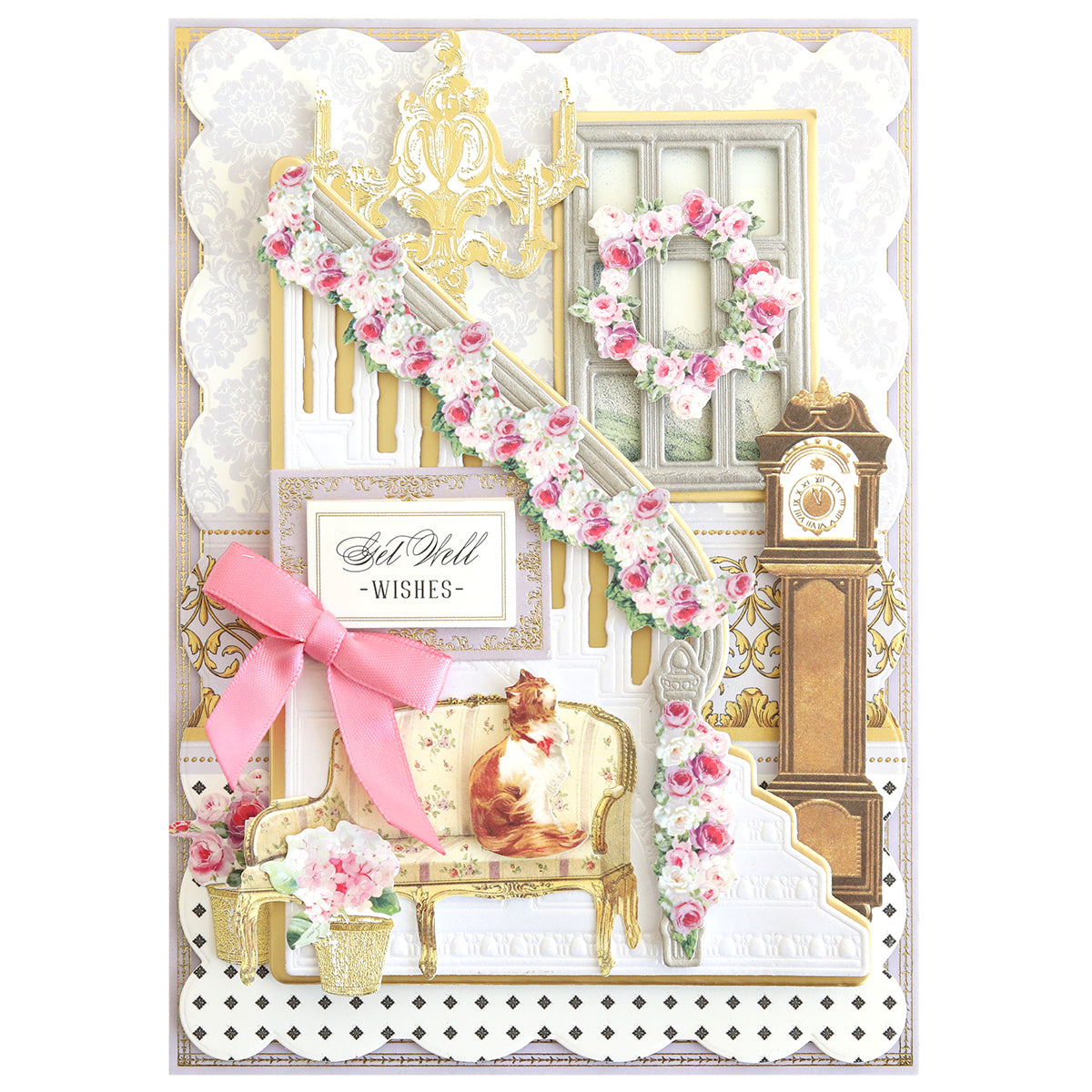 A decorative greeting card made with Grand Staircase Dies, featuring a floral staircase, chandelier, grandfather clock, cat on a sofa, pink bow, and a heartfelt "Get Well Wishes" message. Great for card making and scrapbook pages.