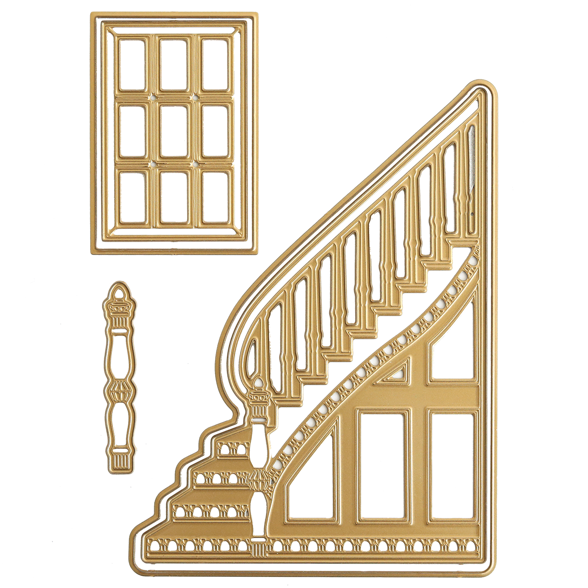 Gold metal cutouts shaped like a window, staircase with railings, and a decorative spindle—crafted with the Grand Staircase Dies and Embellishments—are artfully arranged on a white background. These 3-dimensional cutting dies and embellishments are perfect for adding intricate detail to your creative projects.