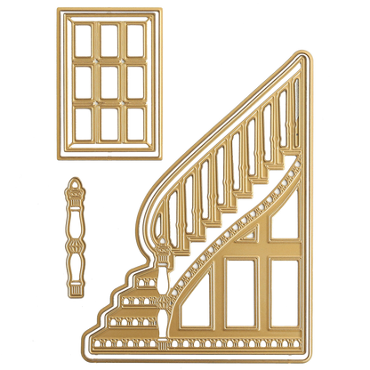 Gold metal cutouts shaped like a window, staircase with railings, and a decorative spindle—crafted with the Grand Staircase Dies and Embellishments—are artfully arranged on a white background. These 3-dimensional cutting dies and embellishments are perfect for adding intricate detail to your creative projects.