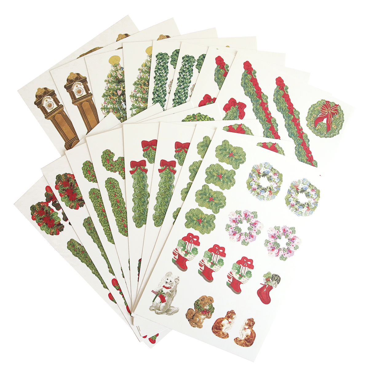 Ten sheets of Grand Staircase Dies and Embellishments Christmas-themed stickers—showcasing wreaths, garland accents, stockings, grandfather clocks, dogs, and other festive decorations—are arranged in a fanned-out display on a white background, perfect for pairing with your favorite 3-dimensional cutting dies.