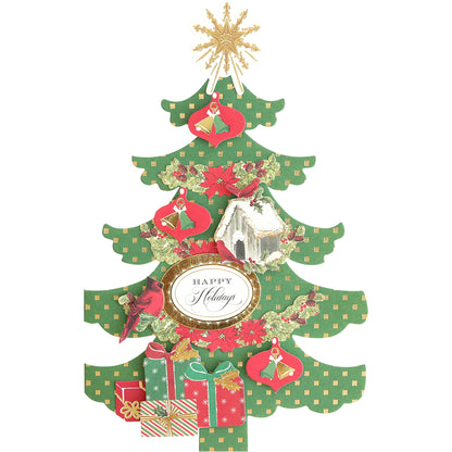 Tree Shaped Cards and Embellishments feature a decorated paper Christmas tree with red ornaments, gold star topper, bird, house, gifts, and “Happy Holidays” sign—perfect for festive or unique holiday greeting cards.