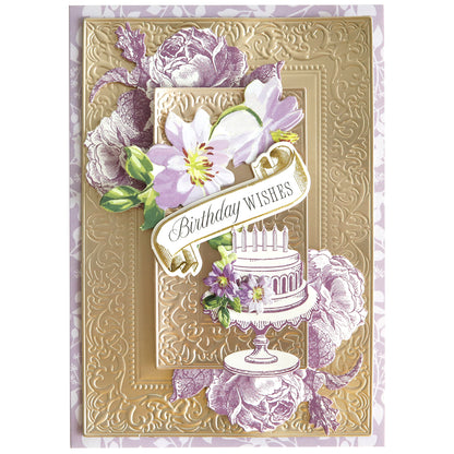 Create a beautiful birthday card with the Birthday Present Card Making Kit, featuring floral designs, a cake illustration, and an elegant "Birthday Wishes" banner—perfect inspiration for your next handmade project.