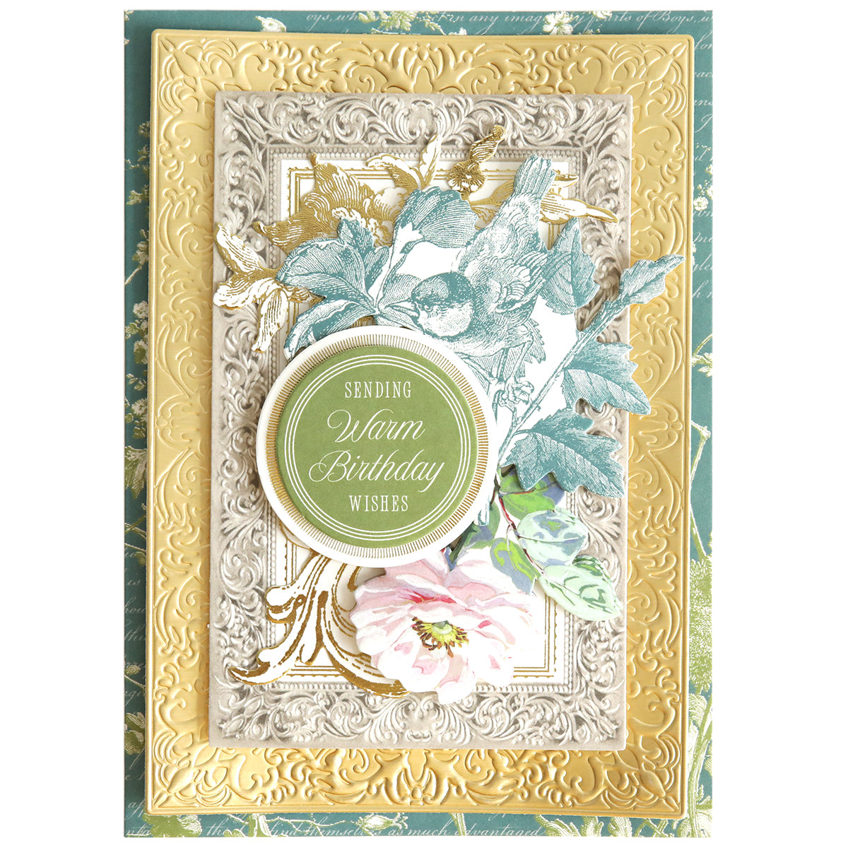 Create stunning birthday cards with the Birthday Present Card Making Kit, featuring embossed gold and silver frames, floral and bird accents, plus a green "Sending Warm Birthday Wishes" label—all with premium supplies.
