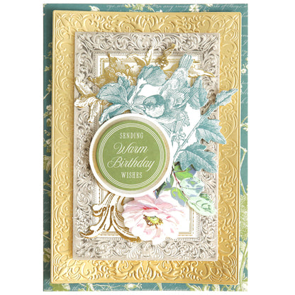 Create stunning birthday cards with the Birthday Present Card Making Kit, featuring embossed gold and silver frames, floral and bird accents, plus a green "Sending Warm Birthday Wishes" label—all with premium supplies.