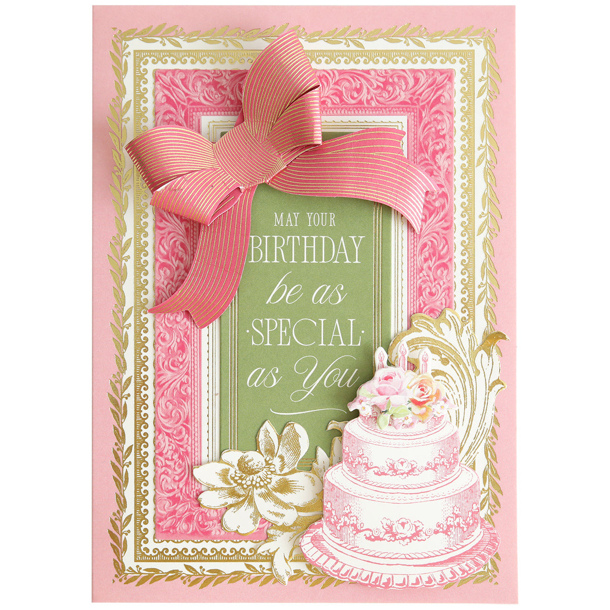 A decorative birthday card included in the Birthday Present Card Making Kit, featuring a pink ribbon, gold floral accents, and the heartfelt message "May your birthday be as special as you," complemented by a charming cake illustration—ideal for inspiring handmade cards or adding a unique touch to your next project.