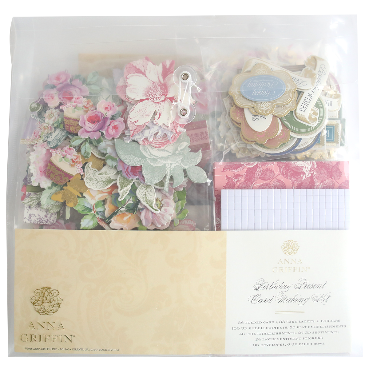 Birthday Present Card Making Kit includes handmade cards, assorted decorative paper cutouts, envelopes, and embellishments—neatly organized in a clear package. Ideal for creative card making.