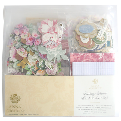 Birthday Present Card Making Kit includes handmade cards, assorted decorative paper cutouts, envelopes, and embellishments—neatly organized in a clear package. Ideal for creative card making.