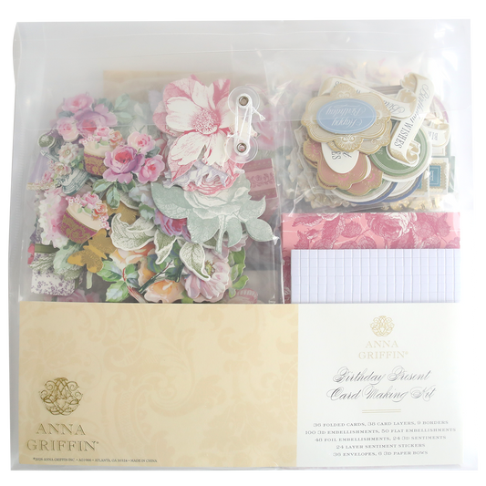 Birthday Present Card Making Kit includes handmade cards, assorted decorative paper cutouts, envelopes, and embellishments—neatly organized in a clear package. Ideal for creative card making.