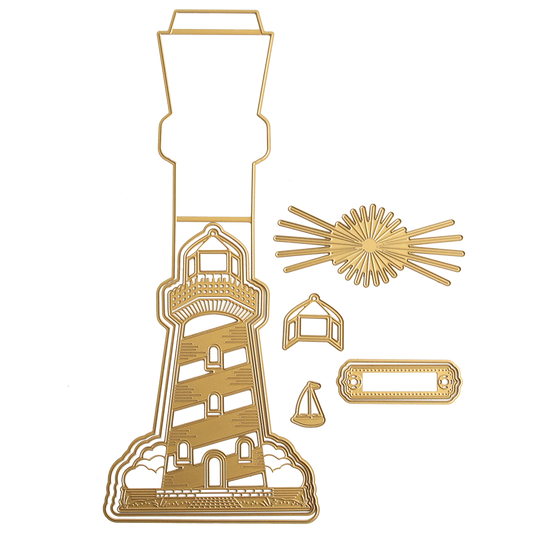The Lighthouse Easel Die includes shapes like a lighthouse, windows, sunburst, sign, and small triangle—ideal for crafting inspirational cards to celebrate hope and strength.