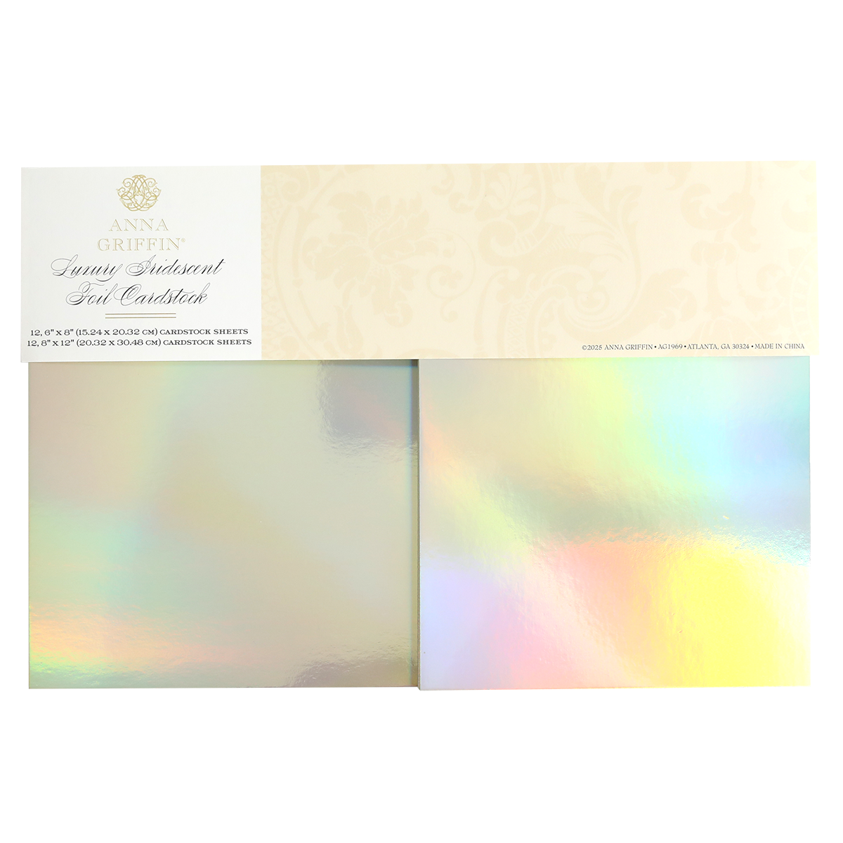 A package of Luxury Iridescent Foil Cardstock includes two sheets of premium reflective cardstock, finished with a cream decorative label at the top.