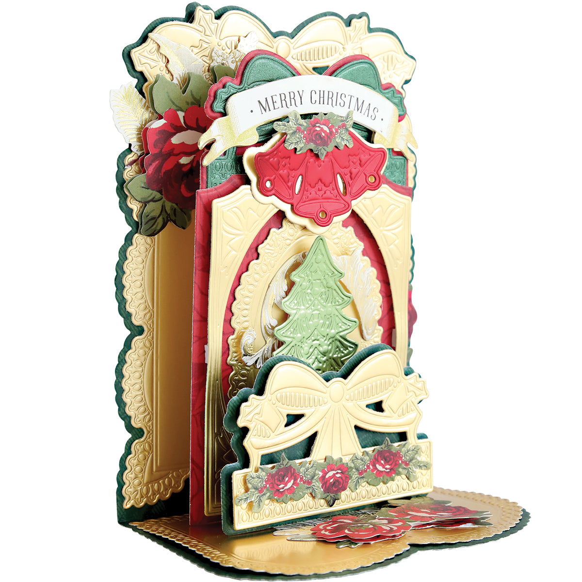 The 3D Christmas Interactive Pulley Dies create an ornate, layered card with gold accents, a green tree, red and white bows, flowers, and a "Merry Christmas" banner using 13 dies.