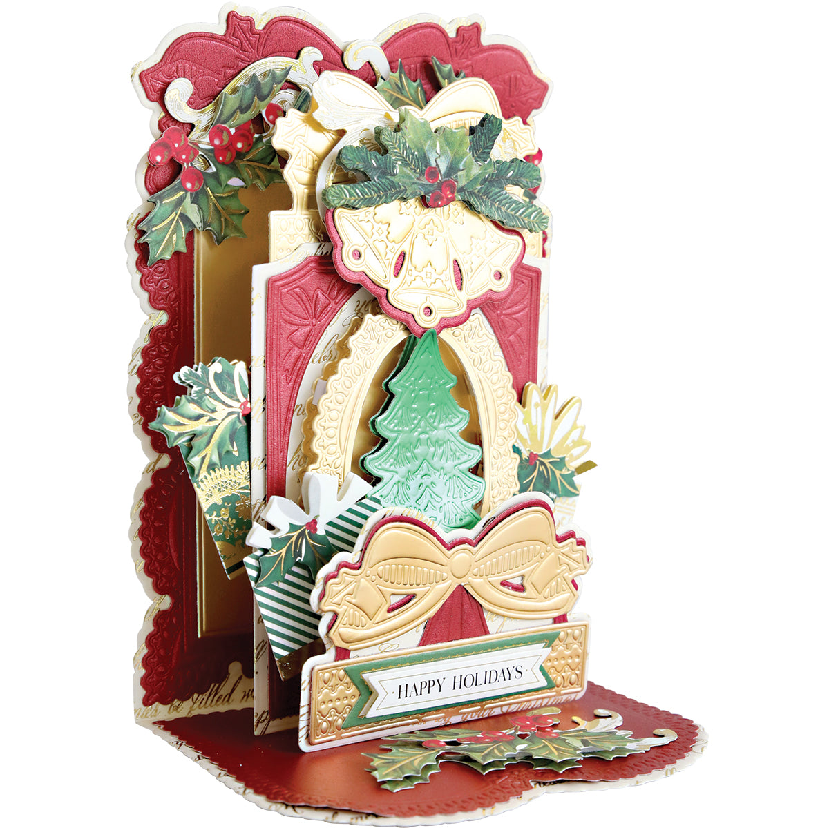 A festive pop-up card with a Christmas tree, holly, gold bows, and "Happy Holidays" in red, green, and gold—created using the 3D Christmas Interactive Pulley Dies set with 13 dies.