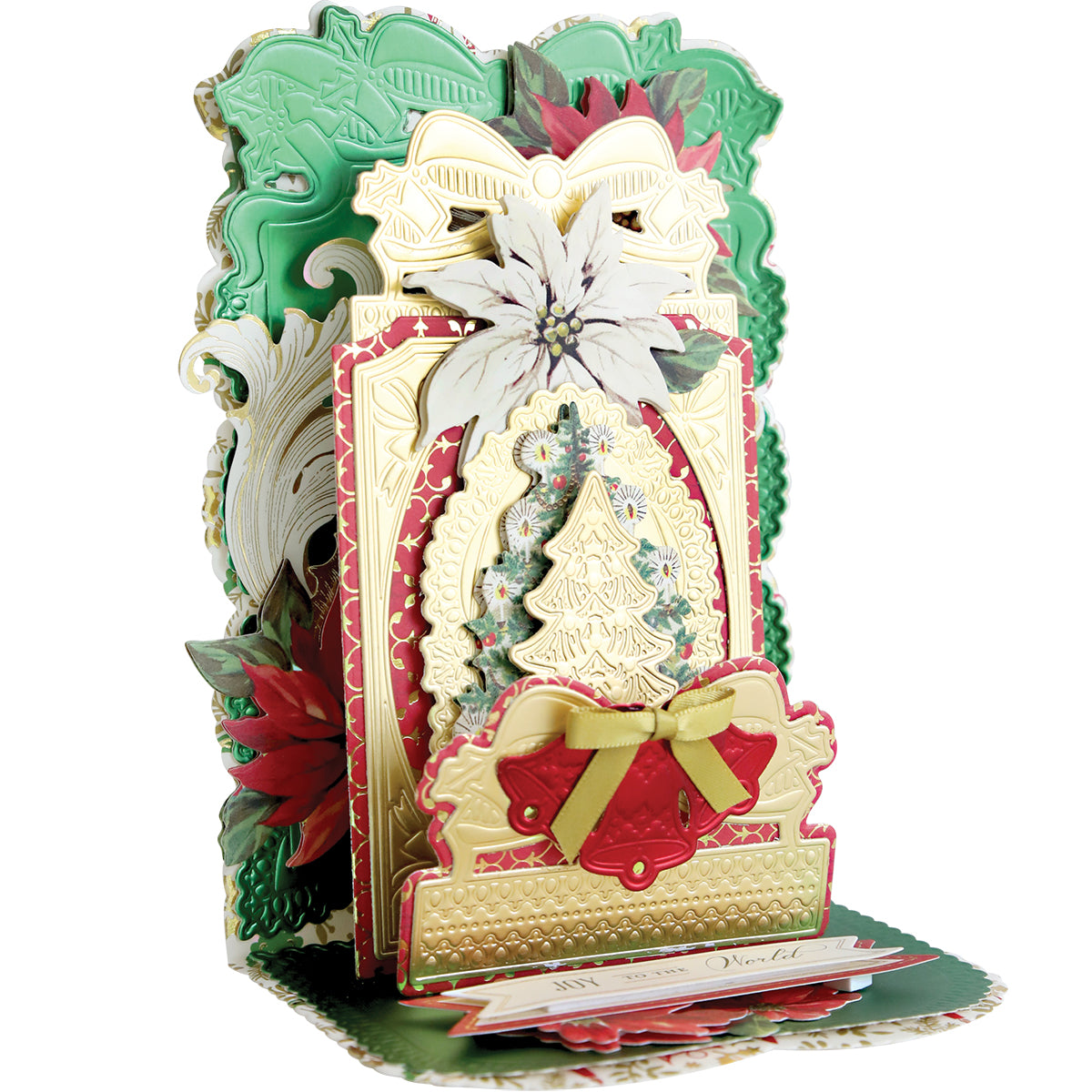 An ornate, movable 3D Christmas card made with layered gold, red, and green designs featuring a white poinsettia, tree, and gold bows—created using the 3D Christmas Interactive Pulley Dies (13 dies included).