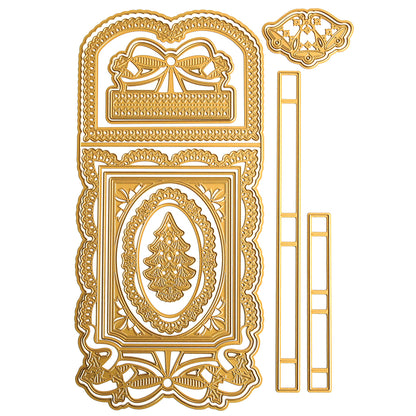 Intricate gold die-cut templates featuring ornate frames, tree, bows, and border strips from the 3D Christmas Interactive Pulley Dies set are displayed on a white background for making moveable holiday cards.