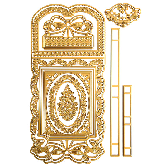 Intricate gold die-cut templates featuring ornate frames, tree, bows, and border strips from the 3D Christmas Interactive Pulley Dies set are displayed on a white background for making moveable holiday cards.