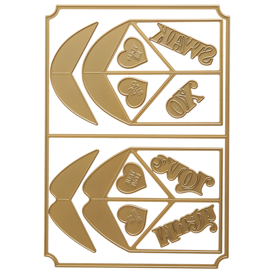 Featuring two identical gold sheets with cut-out shapes like arrows, hearts, and words ("SWEAT," "WINNER," "LOVE," and "XO"), the Folded Kiss Dies set is perfect for card making or adding interactive touches to your projects.