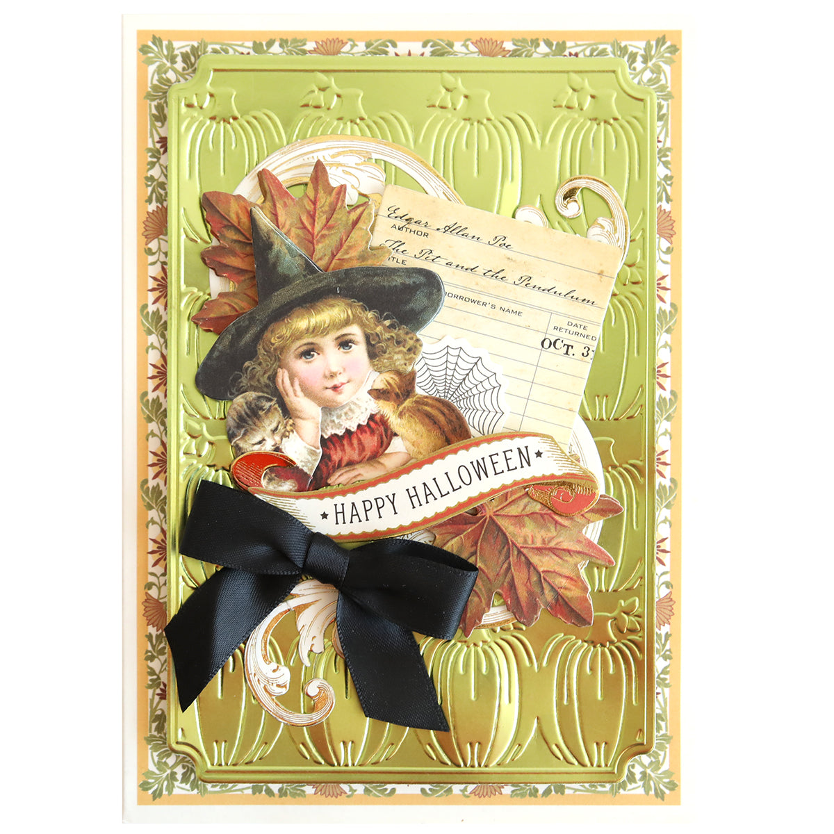 The Spellbound Patterns Cut & Emboss Folders feature a vintage-style Halloween card with a girl in a witch hat, autumn leaves, and a black bow on old paper—ideal for festive crafting on a green pumpkin-patterned background.