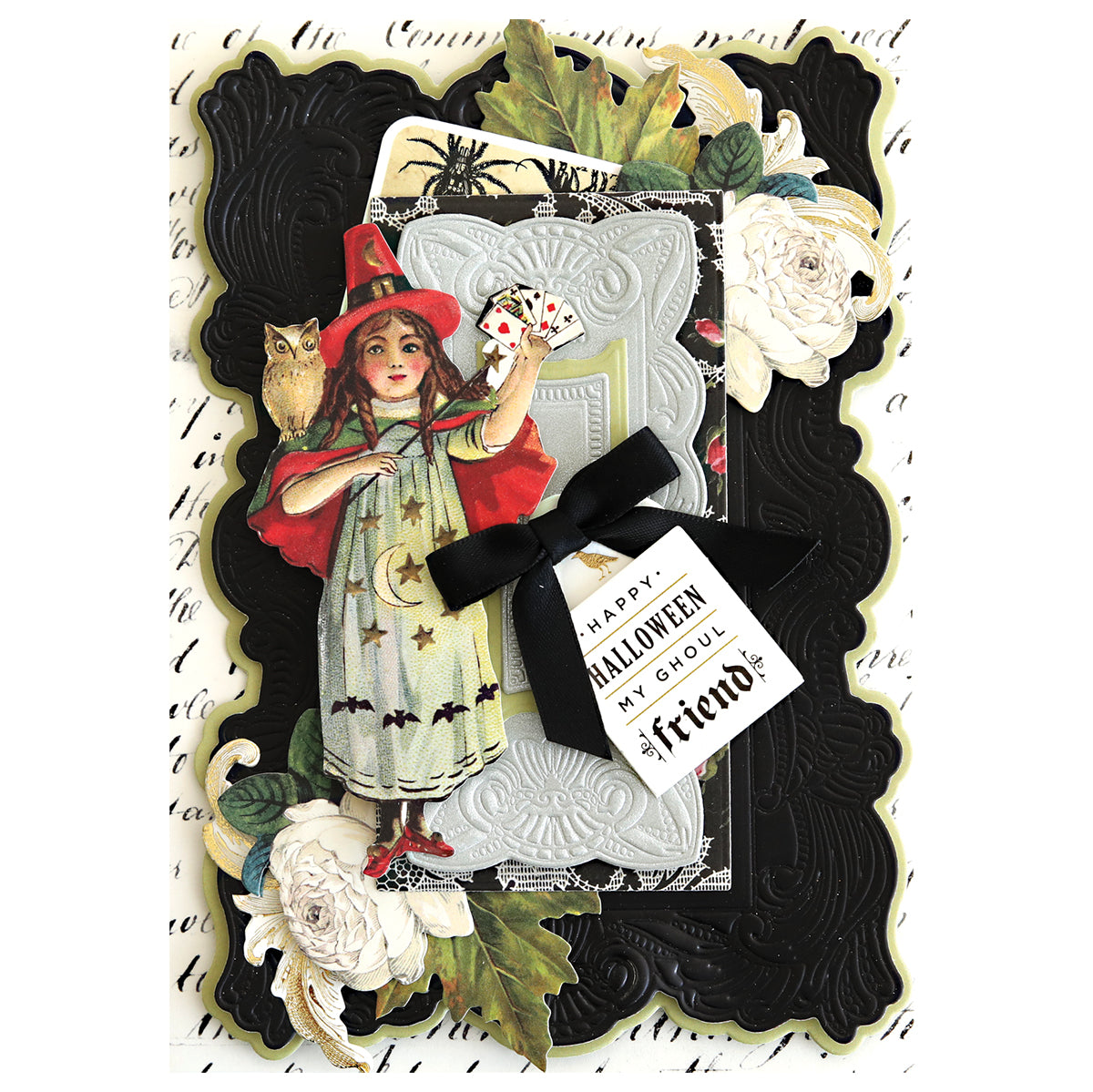A Halloween greeting card with a girl in a witch costume holding playing cards, an owl, flowers, and a black bow reading "Happy Halloween My Ghoul Friend," displayed in ornate Gothic Revival 3D Frames.