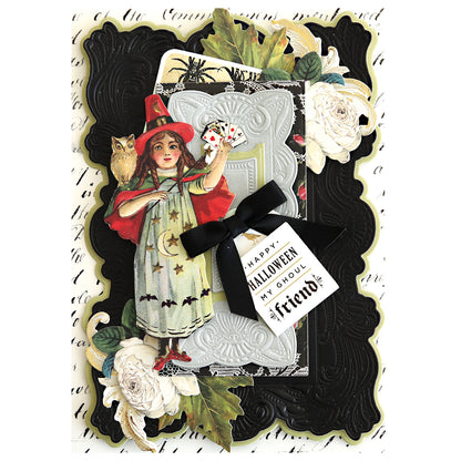 A Halloween greeting card with a girl in a witch costume holding playing cards, an owl, flowers, and a black bow reading "Happy Halloween My Ghoul Friend," displayed in ornate Gothic Revival 3D Frames.