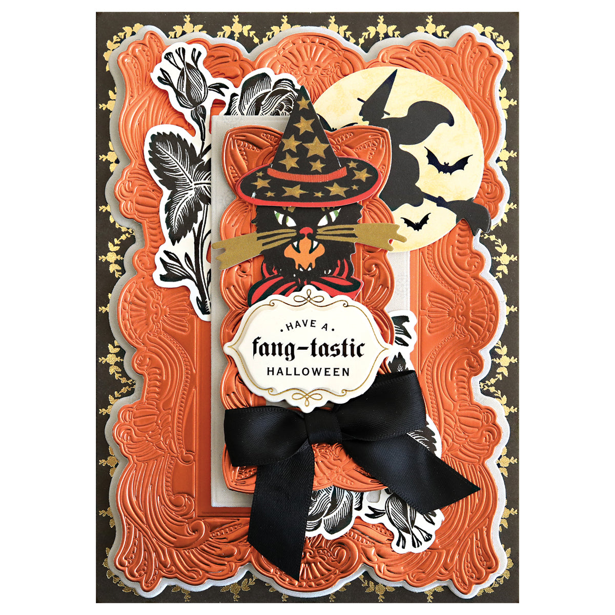Halloween card with a Gothic Revival 3D Frames embossed orange border, black cat in witch hat, moon with bats, and label "Have a fang-tastic Halloween," finished with a black ribbon bow for added dimension.
