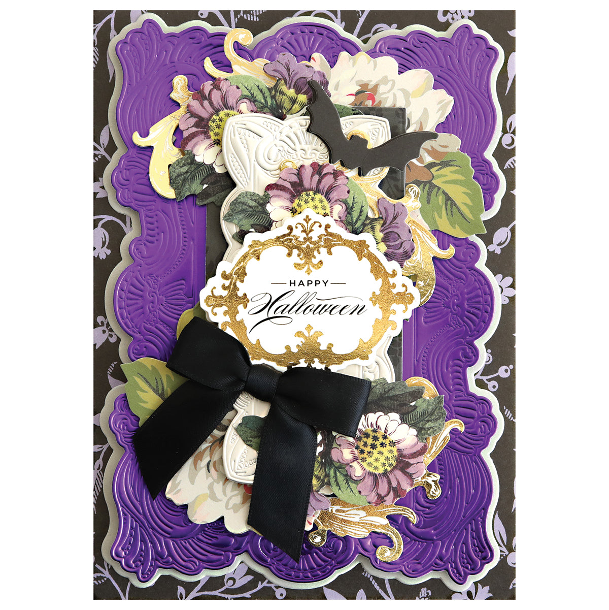 Halloween card crafted with Gothic Revival 3D Frames—features purple and black layers, gold accents, floral motifs, a black ribbon, and “Happy Halloween” sentiment for an ornate dimensional look.