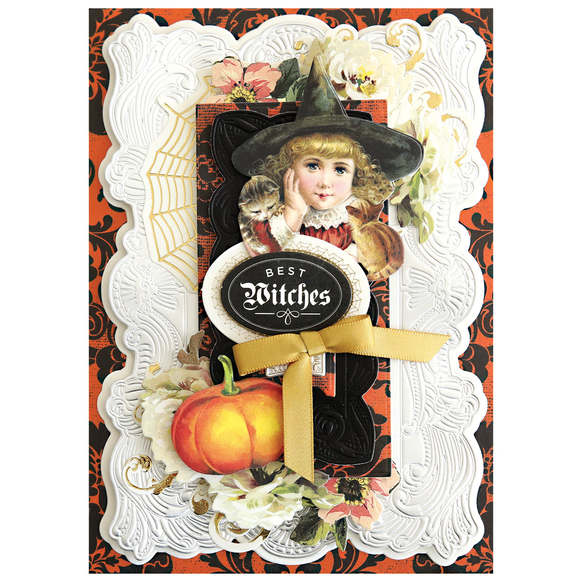 Send Halloween wishes with this vintage-style card featuring a girl in a witch hat, her cat, "Best Witches," a pumpkin, florals, and gold ribbon set against an ornate background elevated by Gothic Revival 3D Frames for added dimension.