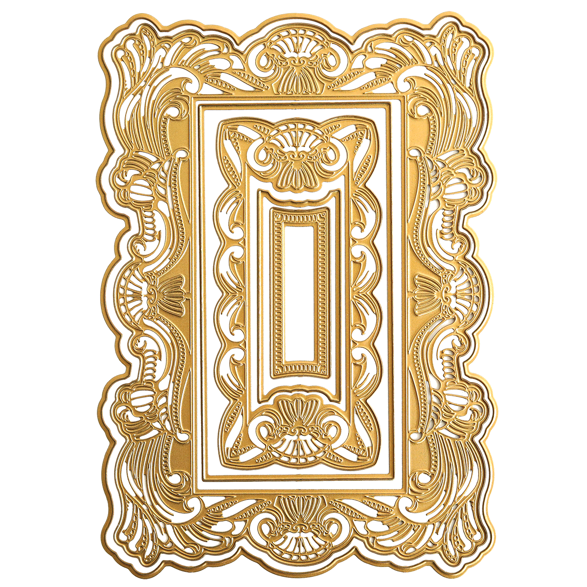 The Gothic Revival 3D Frame is a rectangular gold ornate frame with intricate floral patterns, decorative embossed detailing, and a symmetrical design inspired by Gothic Revival styles.