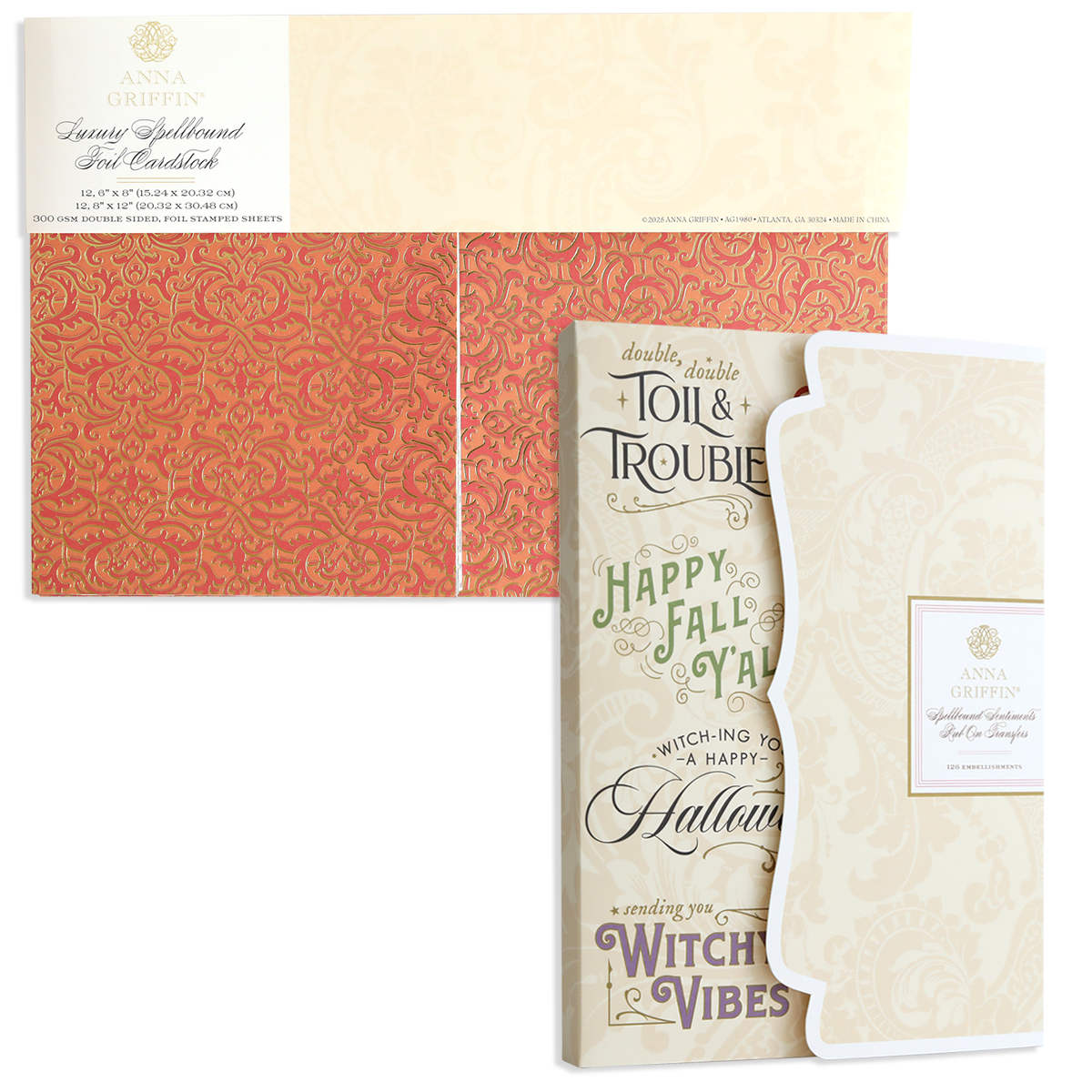 Two sets of decorative cardstock—Spellbound Halloween Crafting Pair—in orange damask and cream floral, perfect for pairing with sentiment Rub On Transfers.
