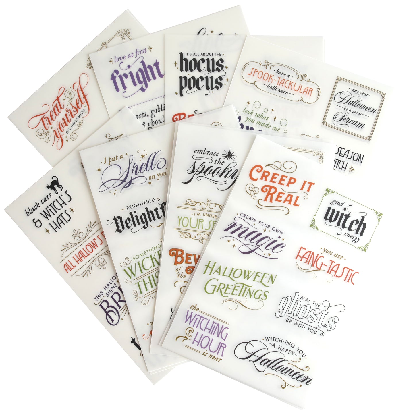 The Spellbound Sentiment Rub On Transfers feature decorative Halloween phrases in ornate typography and assorted colors—perfect for adding spooky flair to your fall crafts.