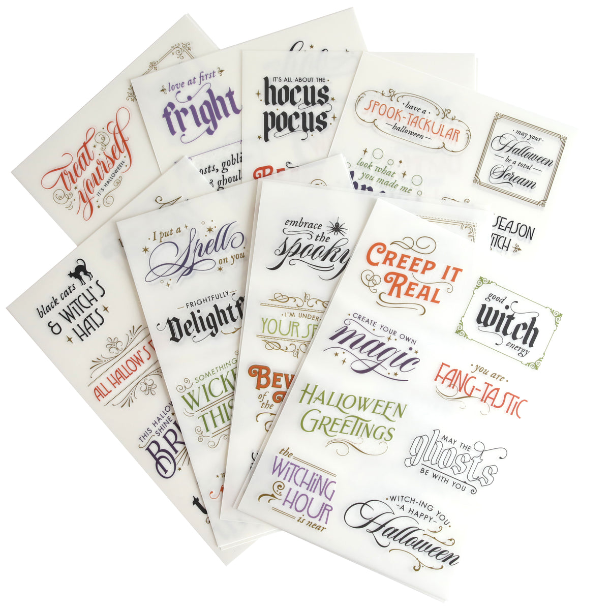 Spellbound Halloween Crafting Pair: nine sheets of Halloween-themed stickers with spooky phrases and ornate lettering, perfect for crafts.